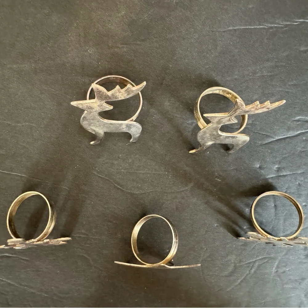Set of 5 Vintage Solid Brass Christmas Holiday Napkin Ring Holders